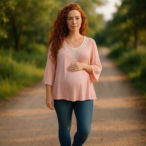 Pink Blush Ladies Blouse Medium Pale Pink Crape Bell Sleeves Lace Yoke Neckline